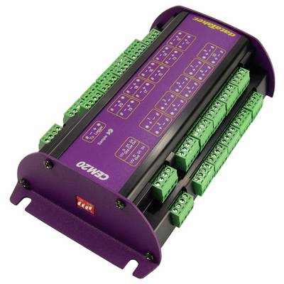Purpurowa płytka obwodów oznaczona "CM20" z wieloma zielonymi złączami końcowymi, używana do dystrybucji sygnałów elektrycznych.