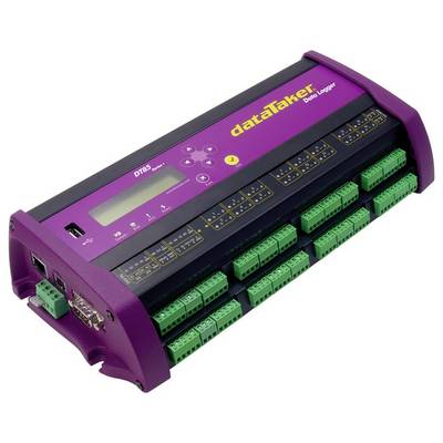 Urządzenie "dataTaker Data Logger DT85" z wieloma portami wejściowymi do zbierania danych, umieszczone w fioletowej obudowie, jest pokazane.