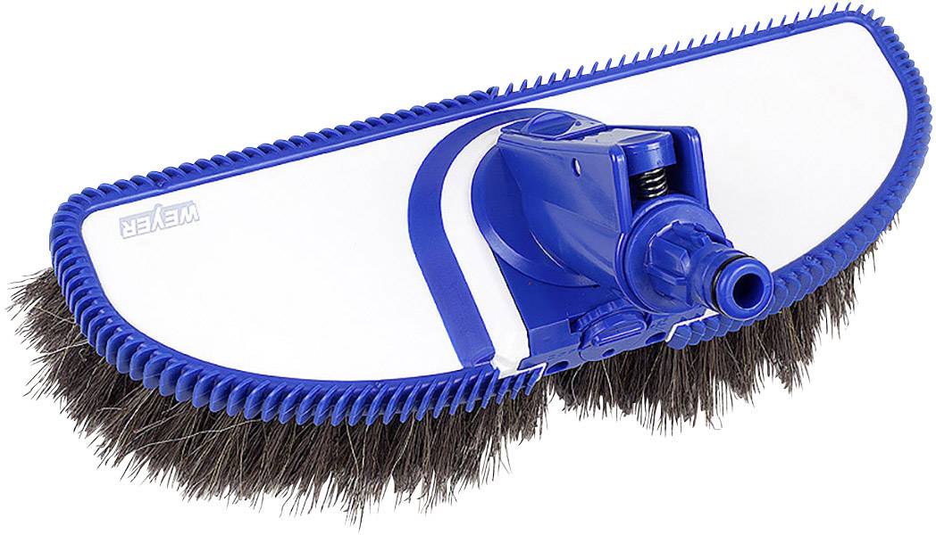 Szczotka basenowa z niebieską ramką z tworzywa sztucznego i gęstym włosiem do czyszczenia.