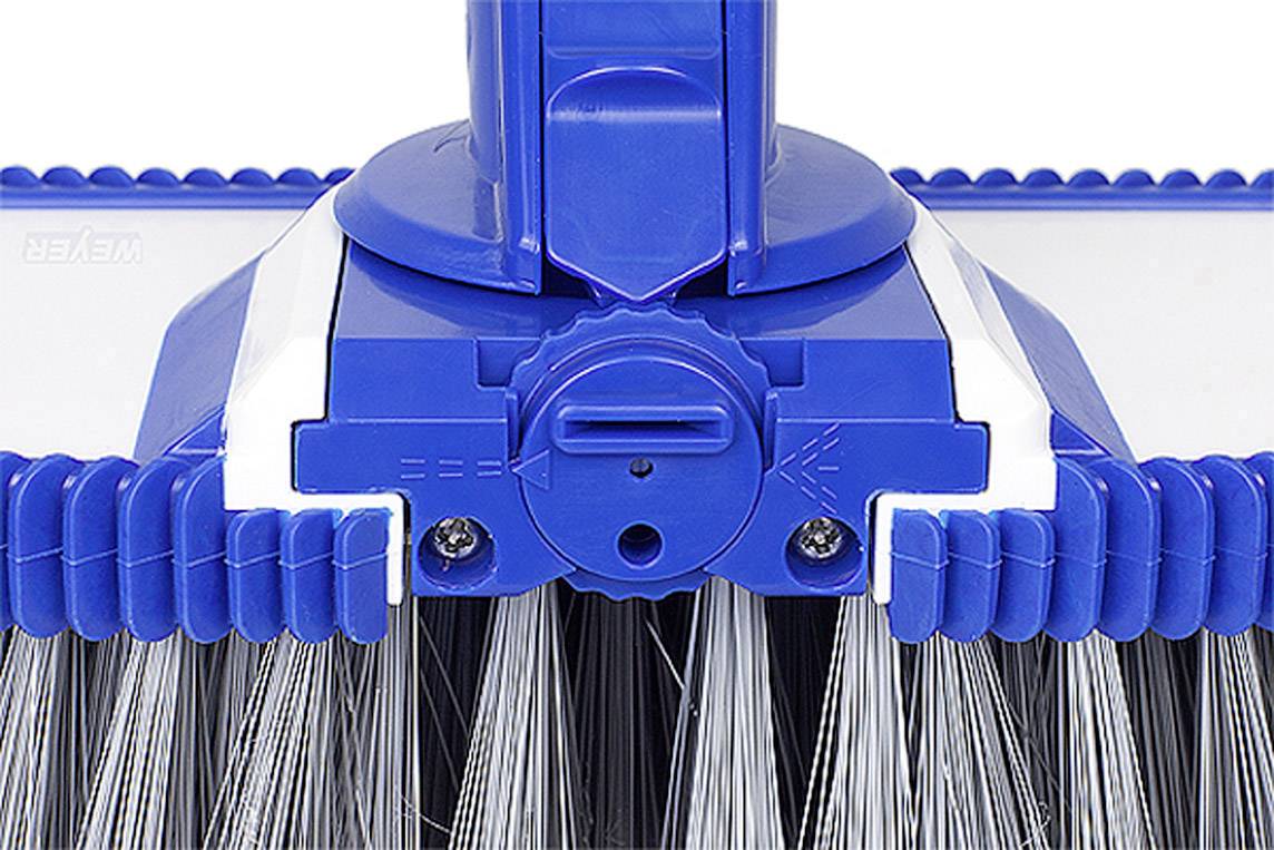 Niebieski głowica szczotki basenowej z białymi włoskami, odpowiednia do czyszczenia basenów. Widok z przodu prezentuje możliwość mocowania.