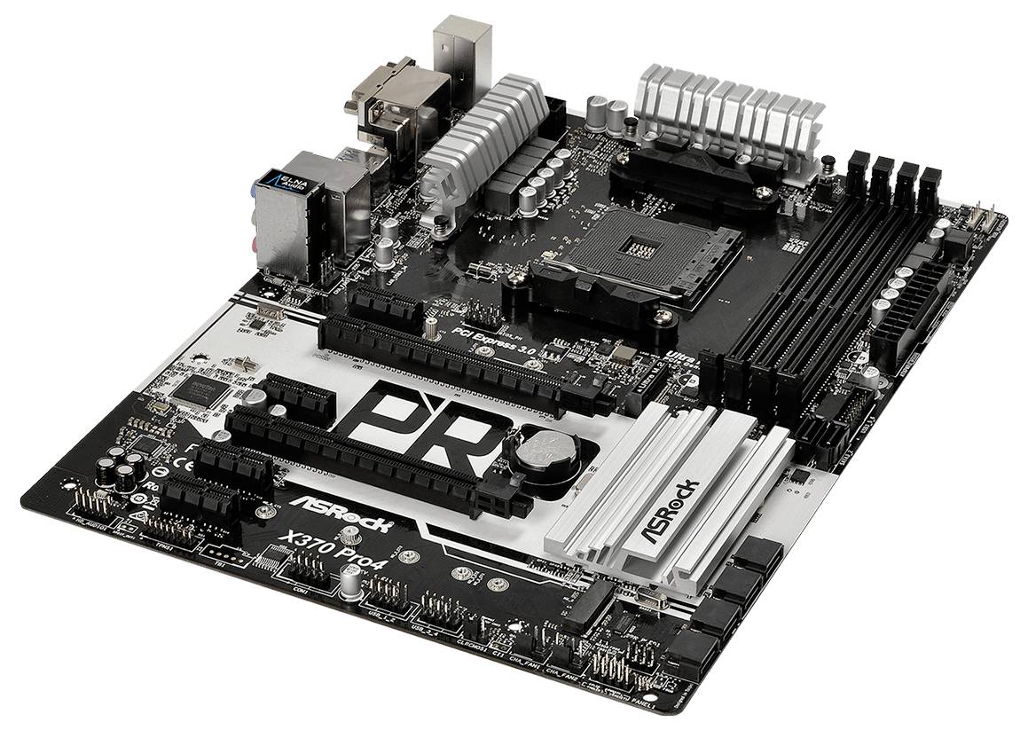 Obraz płyty głównej ASRock X370 Pro4 z widocznymi komponentami, takimi jak gniazdo procesora, sloty pamięci RAM oraz różne porty przyłączeniowe.