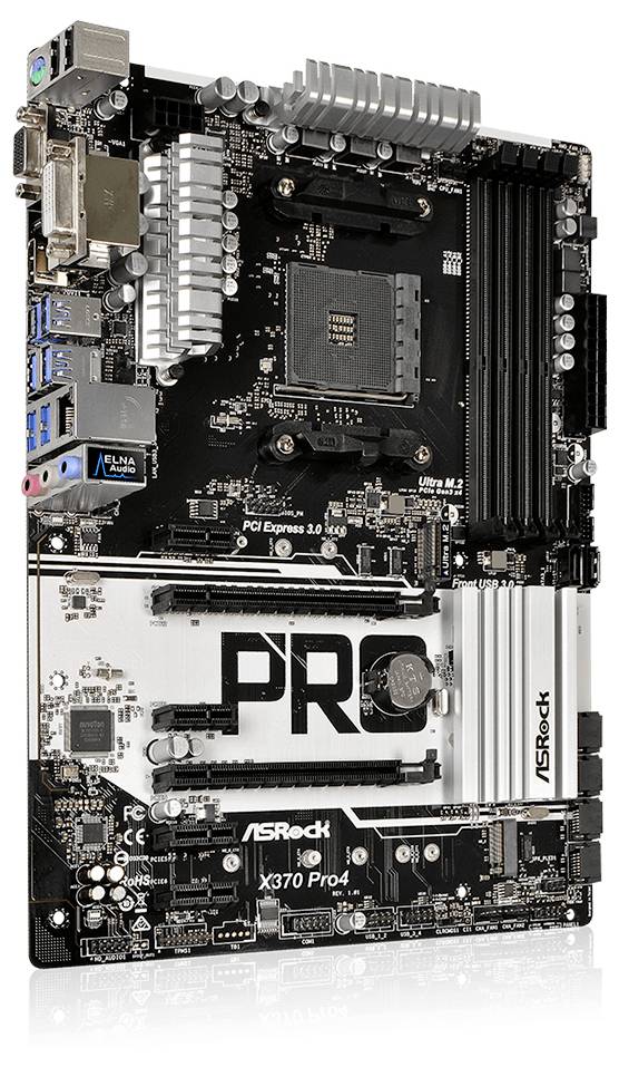 Czarna płyta główna ASRock z białym napisem 'PRO', slotami rozszerzeń i złączami dla komponentów sprzętowych komputera.