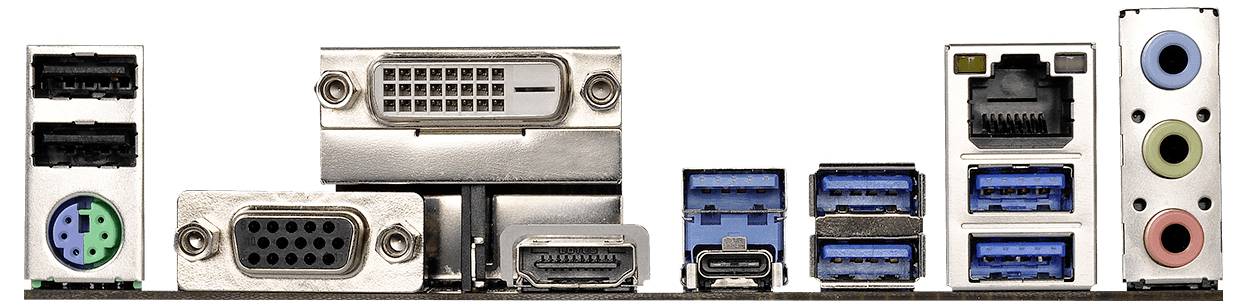 Tylna ściana komputera z różnymi portami: USB, DVI, VGA, HDMI, Ethernet oraz gniazda audio.