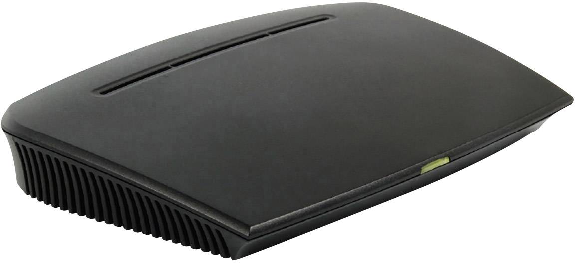 Czarny, nowoczesny modem lub router o gładkiej powierzchni z otworami wentylacyjnymi po bokach.