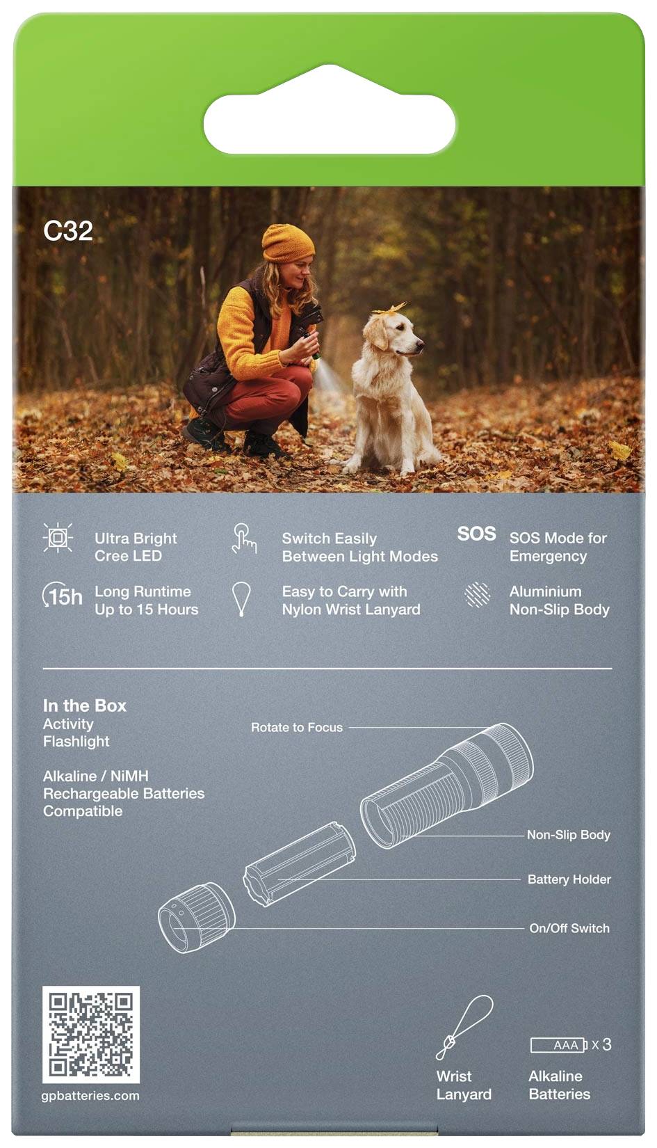 Opakowanie latarki. Na górze zdjęcie kobiety z psem w lesie. Na dole informacje o produkcie: Dioda LED CREE, tryb SOS, czas pracy 15h, obudowa aluminiowa.