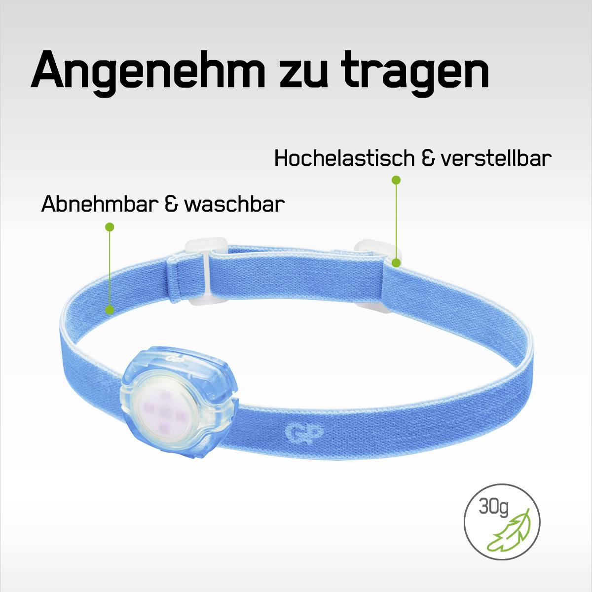 Niebieska opaska na czoło z białym zapięciem, z napisem: 'Przyjemna w noszeniu'. Cechy: odpinana, możliwa do prania, bardzo elastyczna, regulowana, waży 30g.