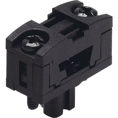 Czarny element z tworzywa sztucznego w kształcie prostokąta z dwoma śrubami. Może być częścią większego systemu mechanicznego lub elektronicznego.