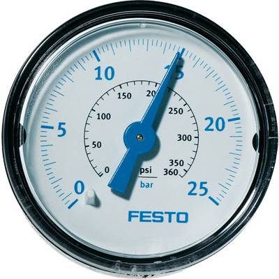 Przyrząd pomiarowy ciśnienia wskazuje 8 bar i 120 psi. Zamknięta skala od 0 do 25 bar i 0 do 350 psi. Producent: Festo.