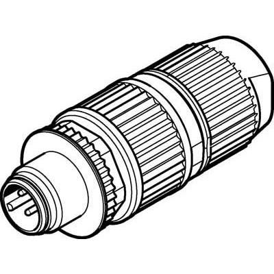 Czarno-biała ilustracja cylindrycznego złącza z wieloma metalowymi stykami wysuniętymi z przedniej strony.