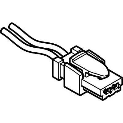 Rysunek techniczny wtyczki RJ45 z dwoma kablami, przedstawiony w ujęciu schematycznym.