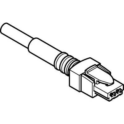 Czarno-biała ilustracja kabla Ethernet z wtyczką RJ45, powszechnie stosowanego do połączeń sieciowych w sieciach komputerowych.