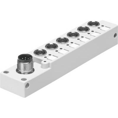 Prostokątny moduł techniczny z wieloma okrągłymi złączami. Przeznaczony do łączenia urządzeń elektronicznych w zastosowaniach przemysłowych.