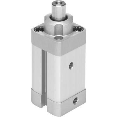 Srebrny, cylindryczny cylinder pneumatyczny z dwoma przyłączami, przedstawiony w pozycji pionowej.