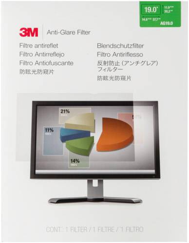 Opakowanie filtra ochrony wzroku 3M z wizerunkiem ekranu komputerowego przedstawiającego kolorowy wykres kołowy.