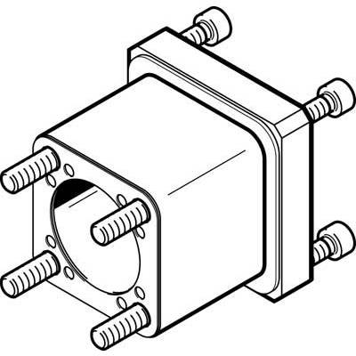 Techniczny rysunek przedstawia element o kształcie sześcianu z sześcioma śrubami, nadający się do ilustracji elementów mechanicznych.