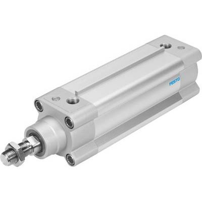Srebrny cylinder pneumatyczny firmy Festo z prostokątną obudową i tłoczyskiem, widziany z boku.