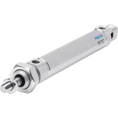 Pneumatyczny cylinder metalowy z napisem 'Festo', stosowany do ruchu liniowego w zastosowaniach przemysłowych.