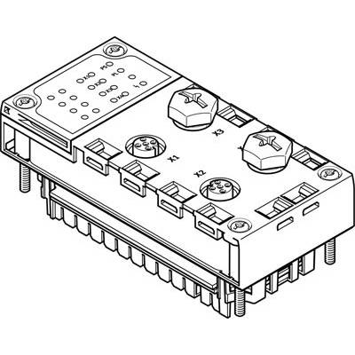 Rysunek techniczny modułu elektronicznego z dwoma pokrętłami i wieloma złączami, prawdopodobnie przeznaczony do celów sterujących.