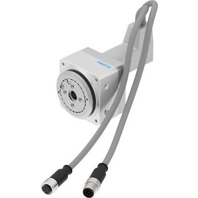 Szare mechaniczne przekładnie kątowe z dwoma podłączonymi kablami. Posiada logo 'Festo' i ma okrągłe złącza.