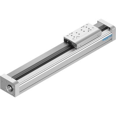Prowadnica liniowa z szyną mechaniczną, w kolorze srebrnym, marki 'Festo'. Stosowana w technice automatyzacji do precyzyjnego sterowania ruchem.