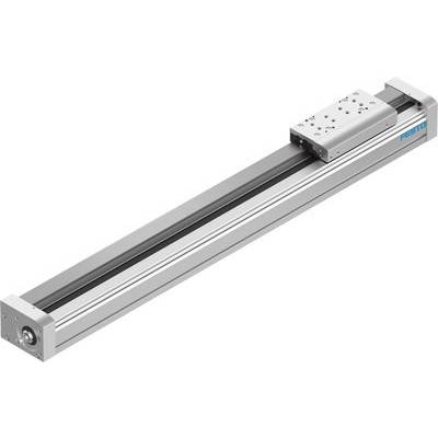 Liniowa jednostka napędowa z ruchomym wózkiem po szynie, napędzana silnikiem. Typowy element stosowany w technice automatyzacji.
