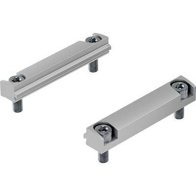 Dwa srebrne metalowe elementy mocujące z śrubami, prawdopodobnie część systemu mechanicznego lub przemysłowego.