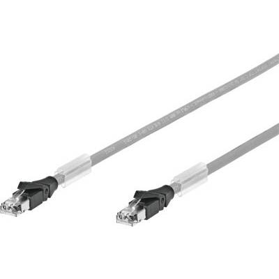 Szary kabel sieciowy z dwoma wtykami RJ45 na końcach, przeznaczony do połączeń komputerowych i internetowych.