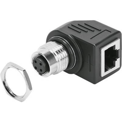 Czarny adapter z okrągłym, wielostykowym wtykiem po jednej stronie i złączem sieciowym RJ45 po drugiej stronie.