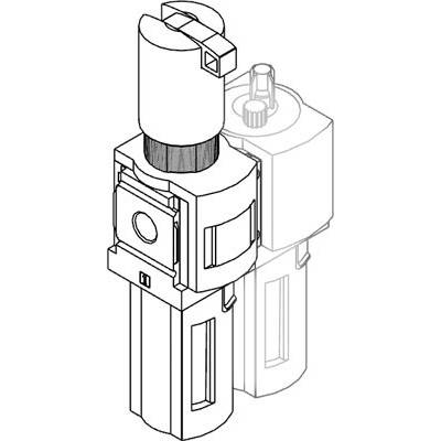 Rysunek techniczny filtra sprężonego powietrza z manometrem i regulatorem stosowanym w systemie pneumatycznym.