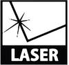 Czarny symbol z ukośnym promieniem laserowym i gwiazdą na białym tle. Poniżej napis 'LASER'. Znak ostrzegawczy przed niebezpieczeństwem promieniowania laserowego.