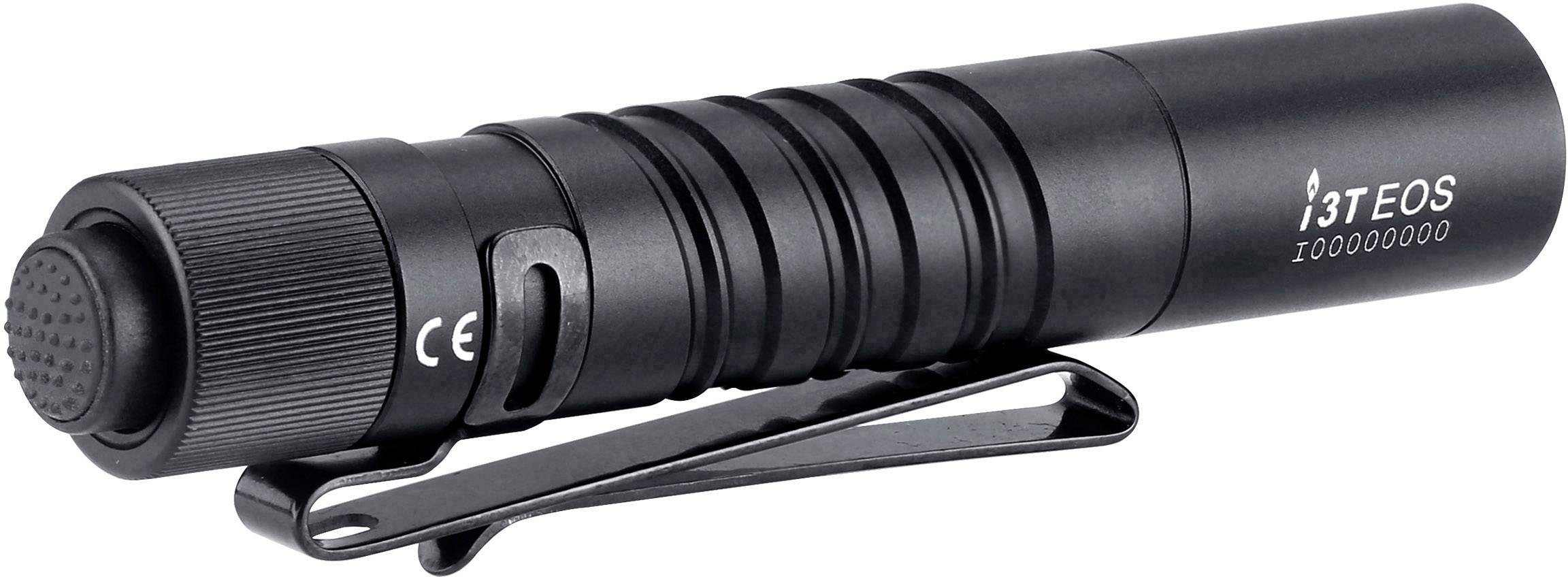 Czarna mini-latarka z klipsem do kieszeni i przyciskiem na końcu, z napisem 'i3TEOS' na boku.