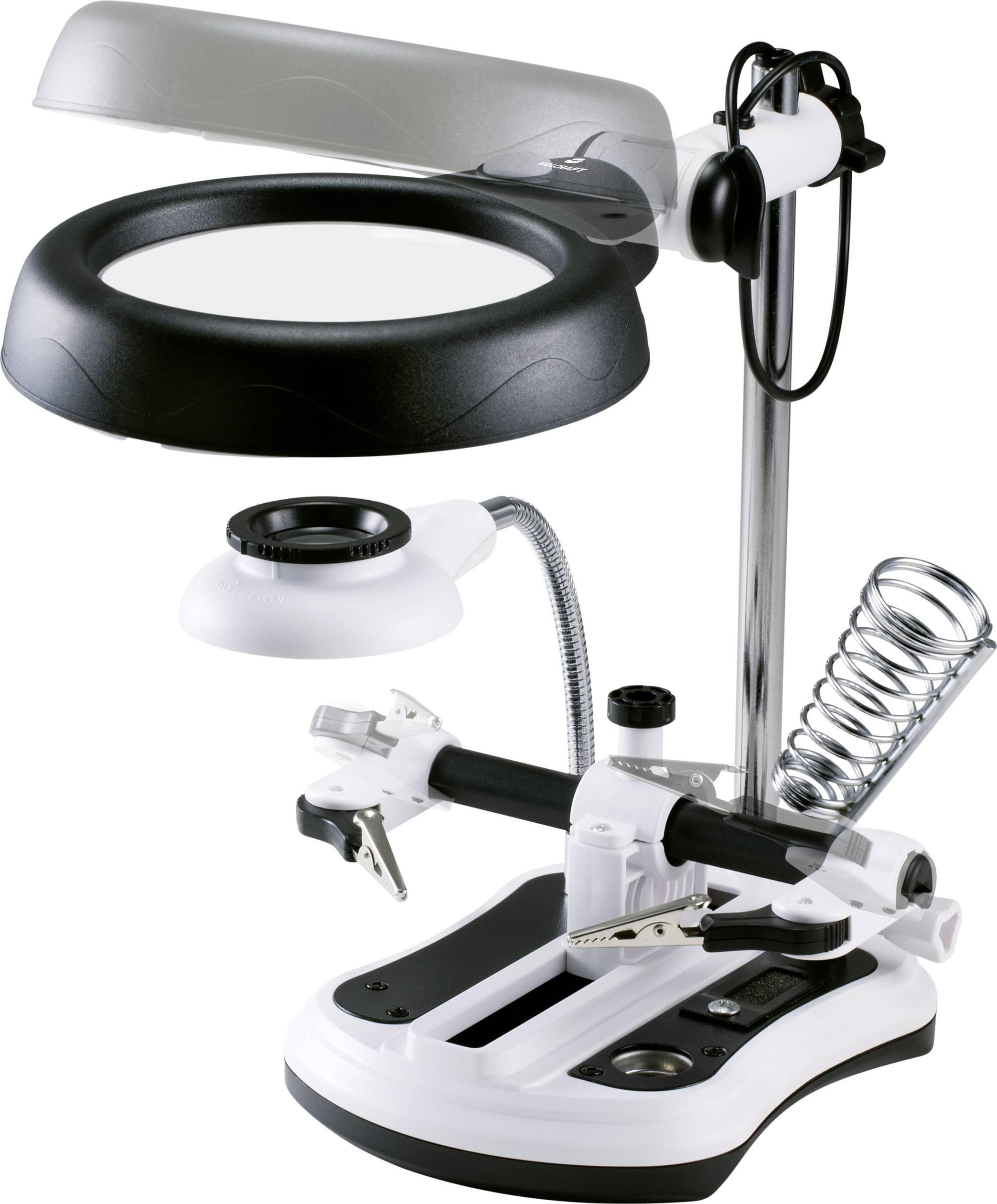 Stacja lutownicza z lupą, uchwytami i jasnym światłem LED; idealna do precyzyjnej pracy przy elementach elektronicznych i płytkach drukowanych.