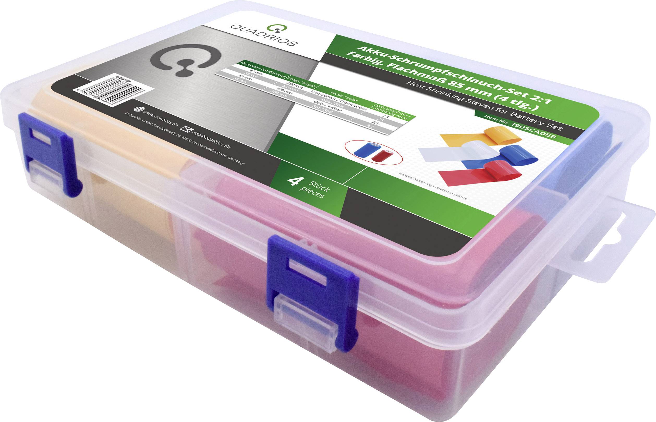 Термозбіжна трубка Quadrios 1905CA058 для акумуляторів без клею прозора, синя, жовта, червона 54 мм 28 мм Коефіцієнт усадки: 2:1 4