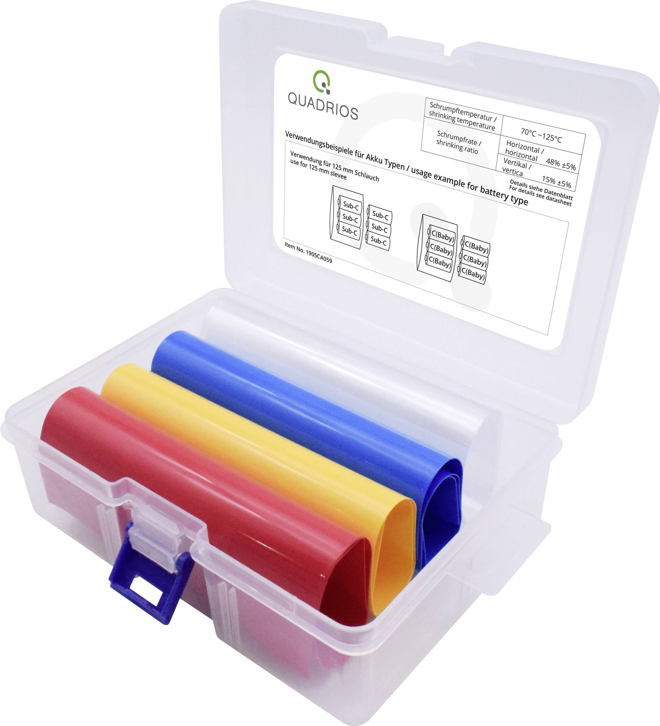 Термоусадочна трубка Quadrios 1905CA059 для акумуляторів без клею прозора, синя, жовта, червона 77 мм 39 мм Коефіцієнт усадки: 2:1