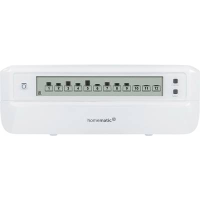 Elektroniczny sterownik grzewczy z wyświetlaczem cyfrowym, pokazujący kanały od 1 do 12. Urządzenie pochodzi od 'homematic IP'.