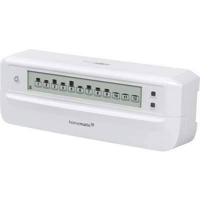 Białe urządzenie Homematic IP z wyświetlaczem, na którym widać: 12 ponumerowanych sekcji. Dwa przyciski po prawej stronie: 'Centrale' i 'Select'.