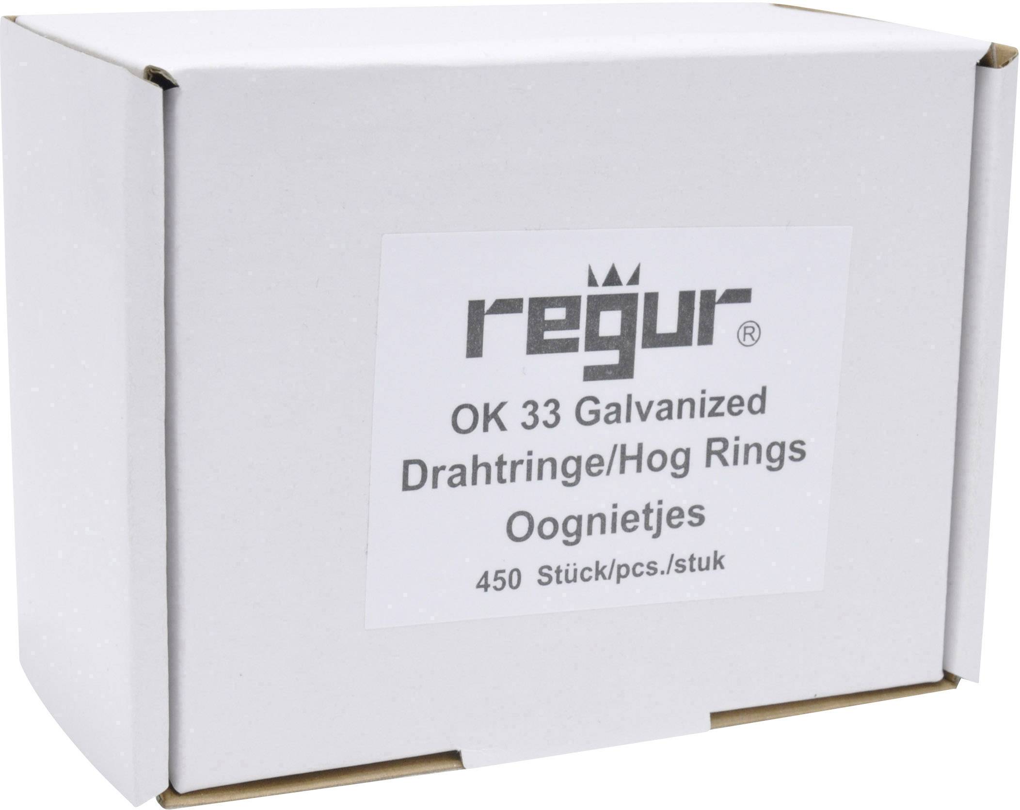 Pudełko z napisem 'regur OK 33 Galvanized Drahtringe/Hog Rings, 450 sztuk'.
