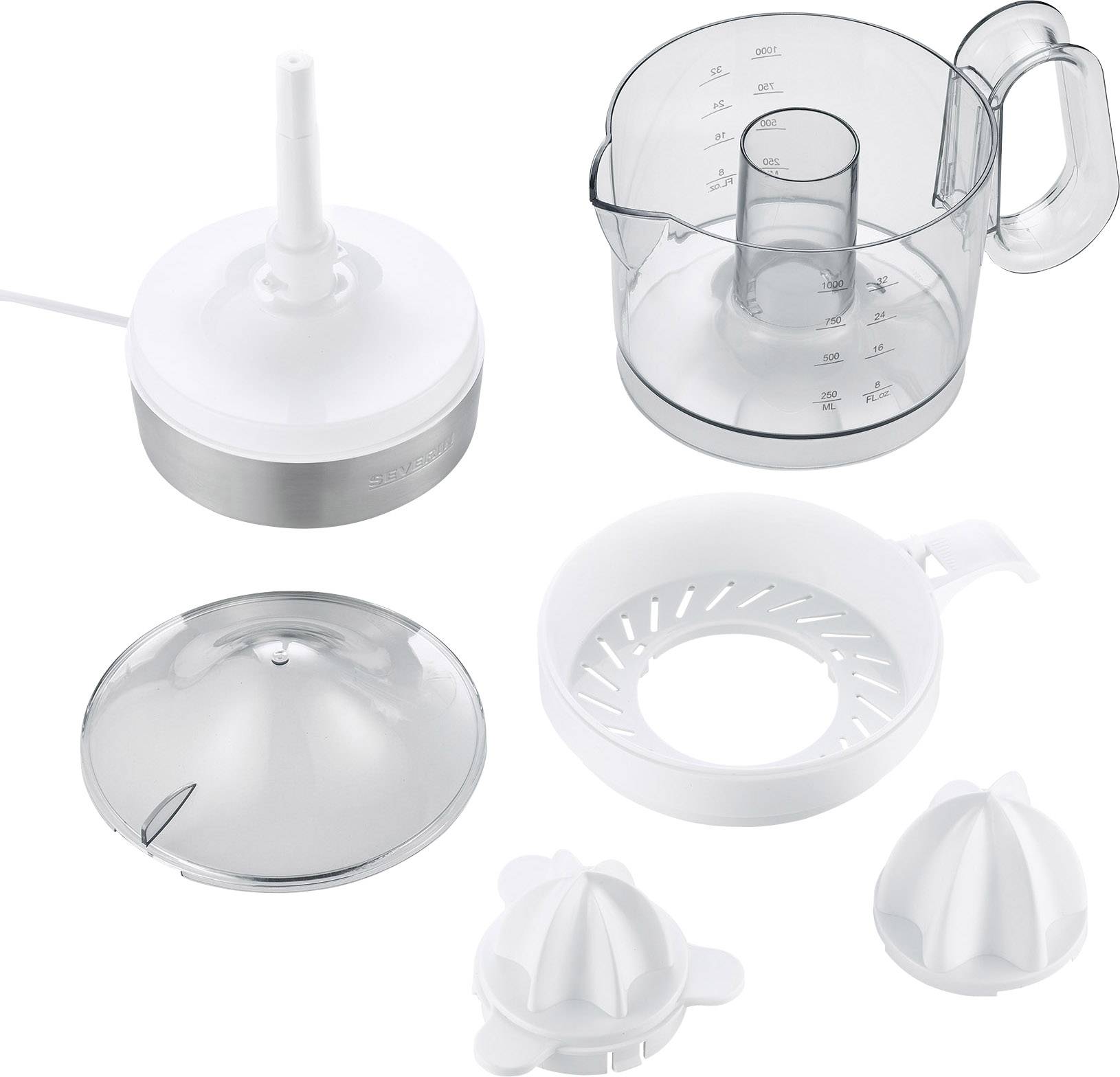 Wieloczęściowy zestaw sokowirówki: Zawiera korpus silnika, pojemnik na sok ze skalą oraz dwie nakładki do wyciskania. Idealny do wyciskania soków z cytrusów.