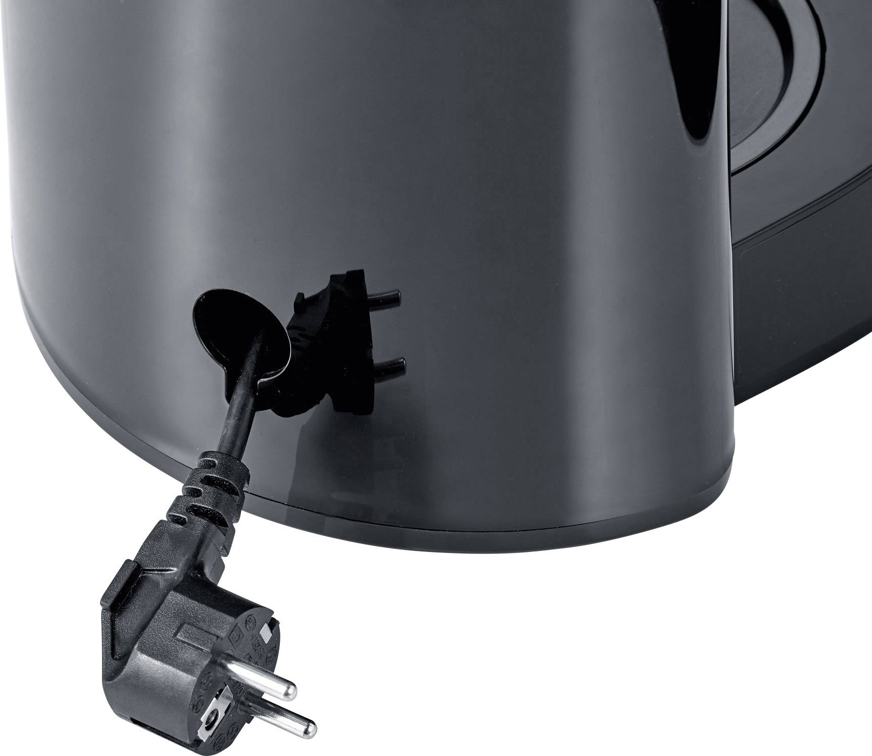 Czarny plastikowy czajnik z zaprojektowaną przestrzenią magazynową z tyłu na kabel, który jest wyciągnięty i leży na podłodze.