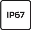 Czarny kwadrat z białym tekstem 'IP67', wskazujący na rodzaj ochrony przed pyłem i wodą.