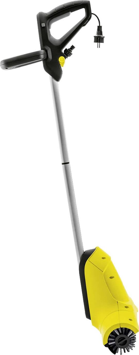 Żółty elektryczny usuwacz chwastów z uchwytem i przewodem. Odpowiedni do usuwania chwastów z powierzchni brukowanych.