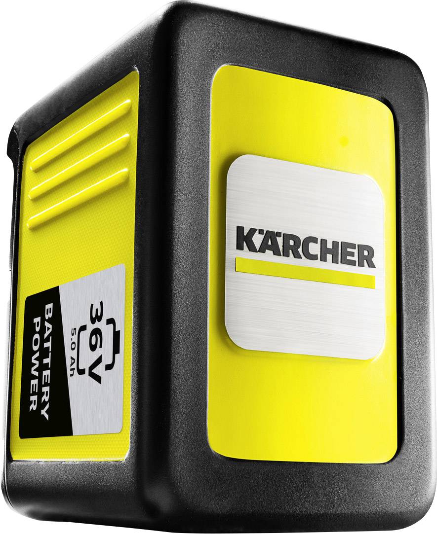 Akumulator marki Kärcher w kolorach żółtym i czarnym, z napisem '36V 5.0Ah Battery Power' na boku. Jest przeznaczony do użytku z urządzeniami Kärcher.