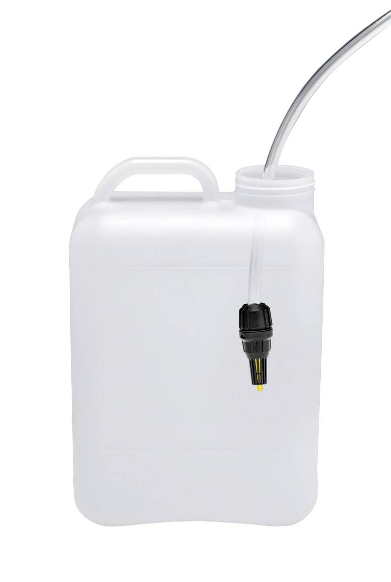 Plastikowy kanister z przezroczystą rurką wychodzącą z otworu, używany do transportu płynów.