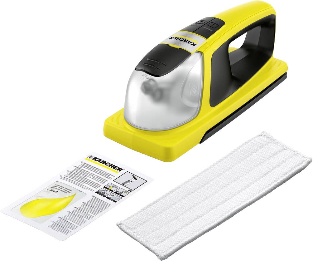Przenośny czystościowiec parowy w kolorze żółtym z akcesoriami: instrukcja obsługi i ściereczka do czyszczenia. Idealny do małych prac porządkowych w domu.