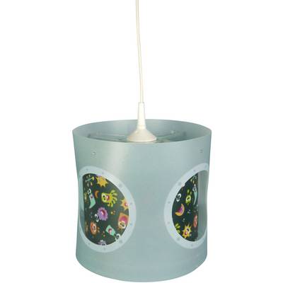 Lampa wisząca z niebieskim pokryciem. Nadruk przedstawia kolorowe, kreskówkowe postacie za bulajami. Klosz lampy zawieszony na białym przewodzie.