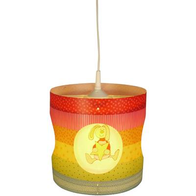 Lampa do pokoju dziecięcego w kolorowe paski z wesołym motywem zająca pośrodku. Lampa emituje ciepłe światło.