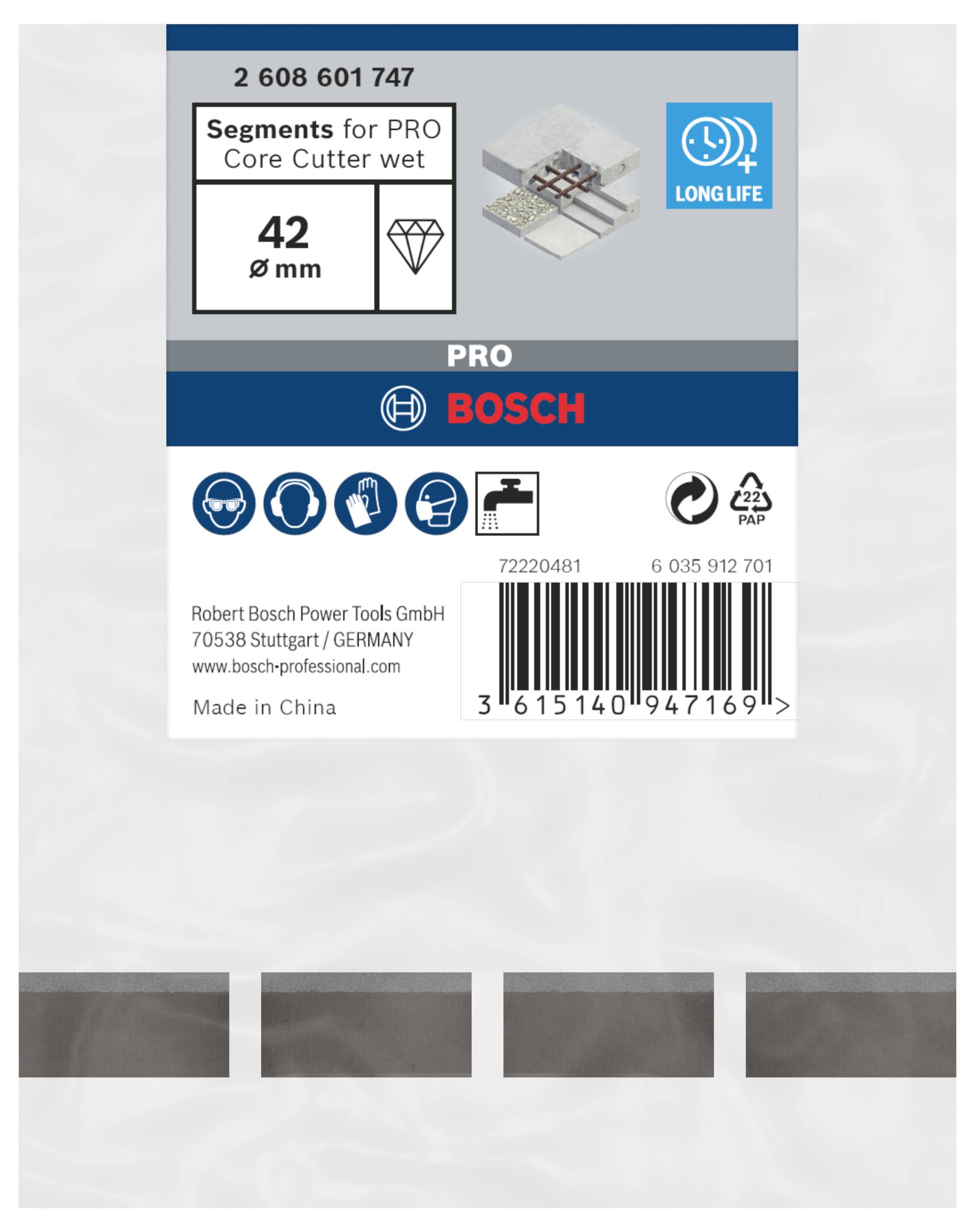 Opakowanie wiertła koronowego Bosch PRO o średnicy '42 mm' do cięcia na mokro. Zawiera kod kreskowy i oznaczenie 'Made in China'.