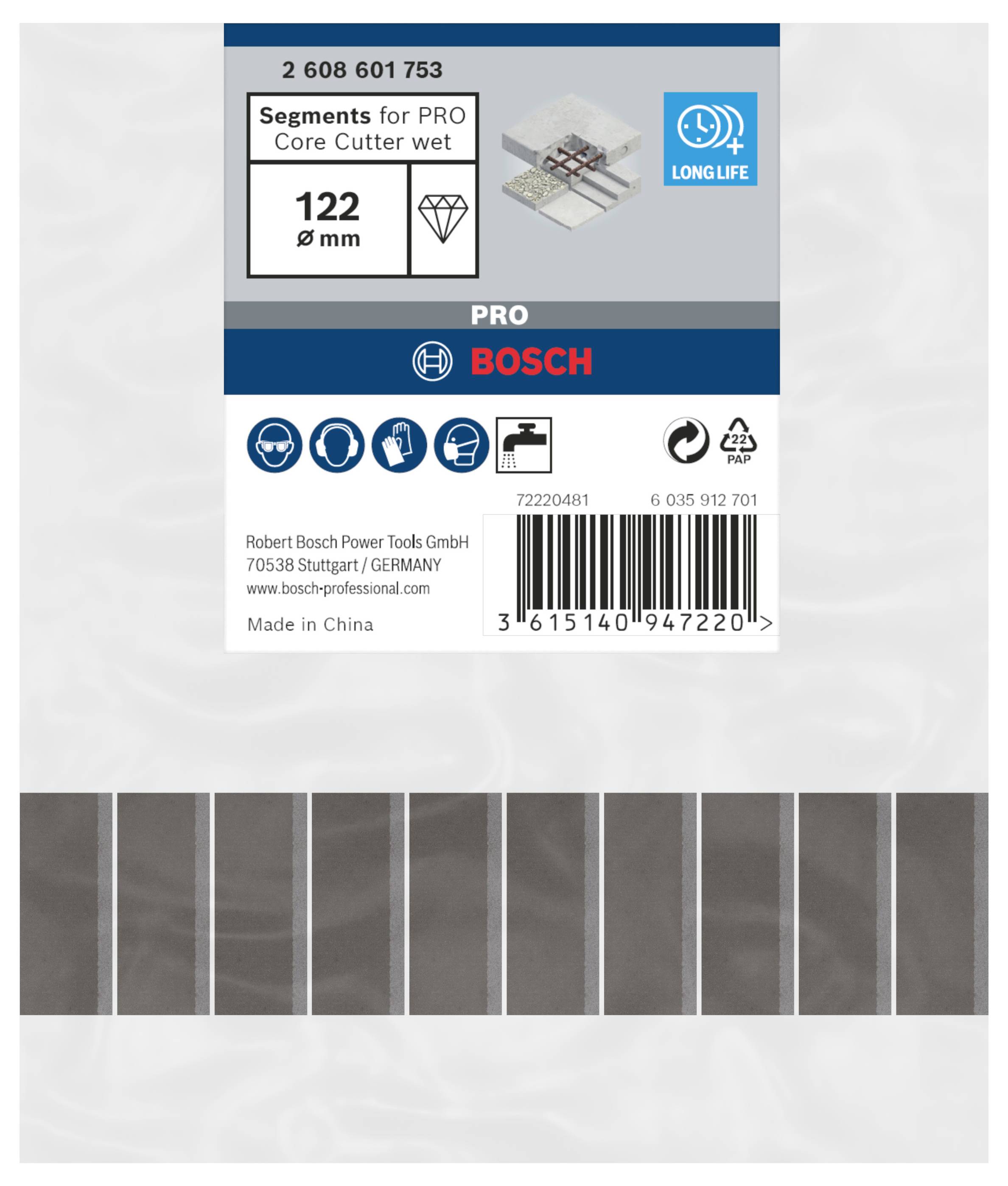 'Segmenty do PRO Core Cutter na mokro', 122 mm, odpowiednie do użytku profesjonalnego. Zawiera logo marki i szczegóły produktu.