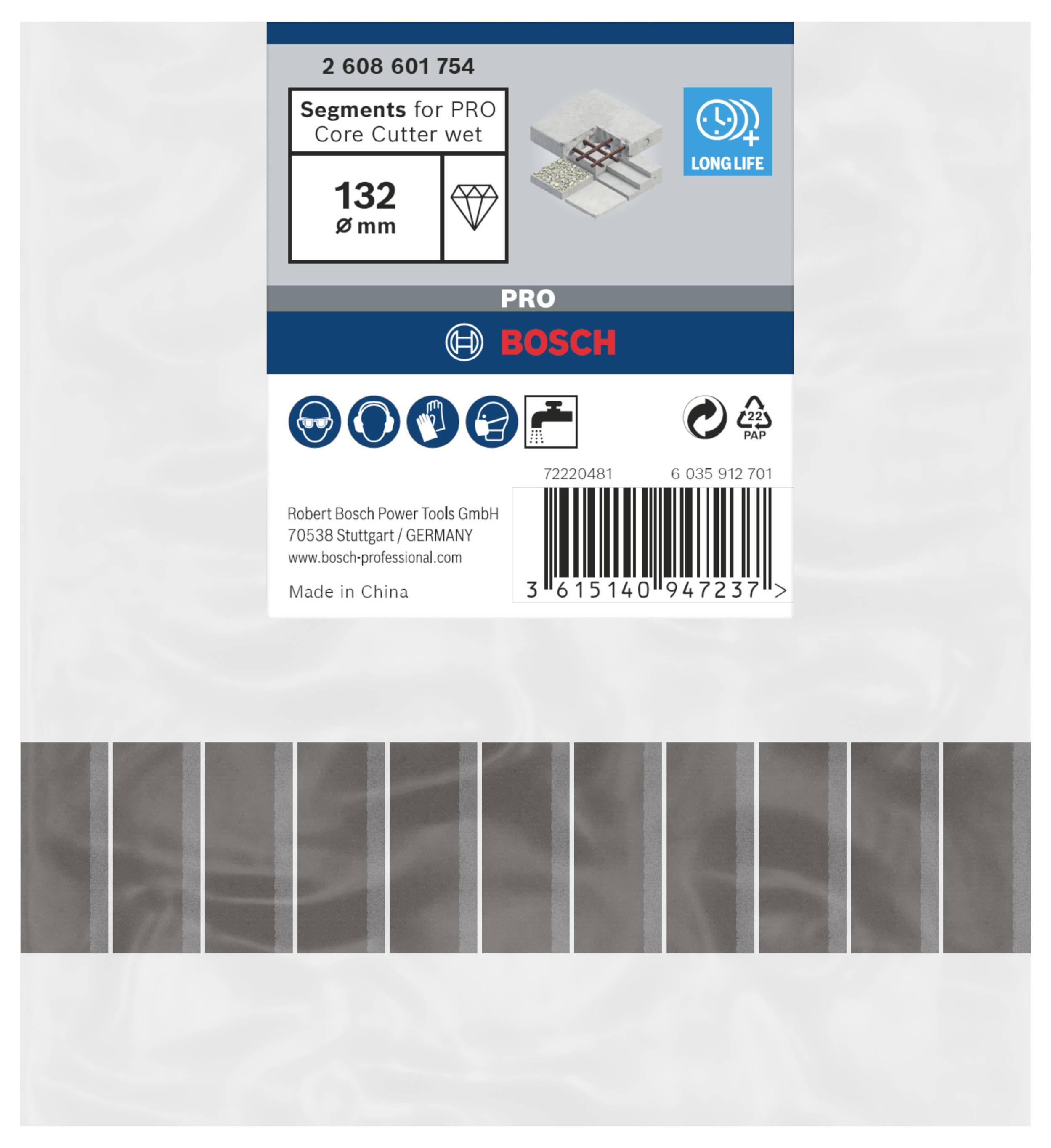 Segmenty 'Bosch PRO' do wierteł koronowych na mokro, średnica 132 mm, numer artykułu 2 608 601 754. Oznaczenia: 'Long Life'.