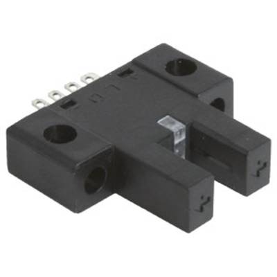 Czarny sensor optyczny z wtykowymi stykami i dwoma wgłębieniami. Stosowany do wykrywania obiektów w urządzeniach elektronicznych.